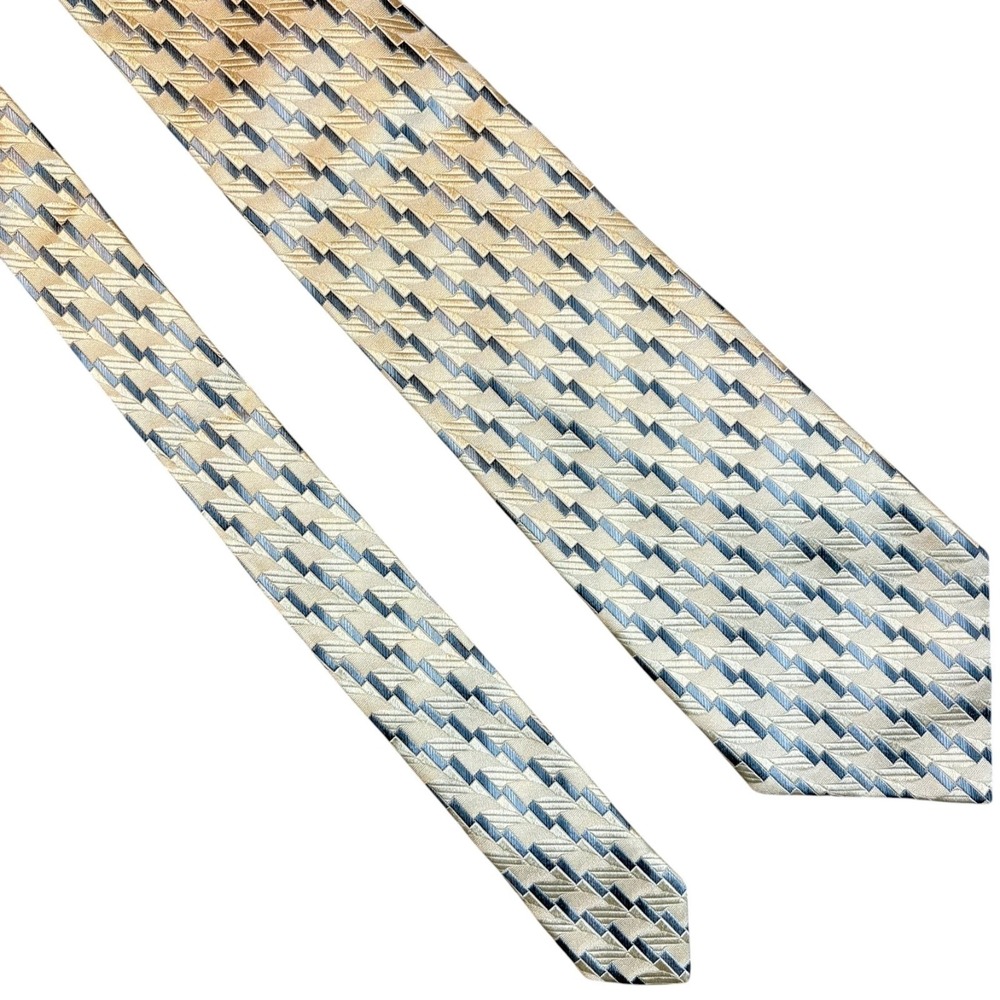 Ermenegildo Zegna Silk Tie Mens Wide Beige Blue Geometric Italy Necktie 57x4"